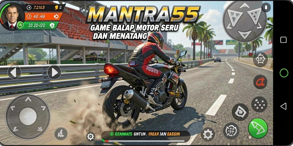 Tampilan screenshot <strong>MANTRA55</strong> menunjukkan aksi balapan motor yang mendebarkan.