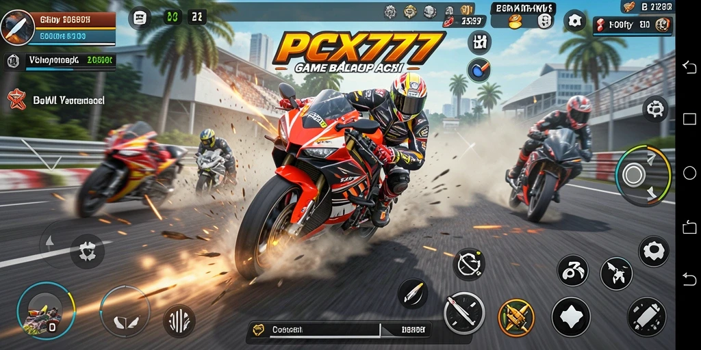 Screenshot gameplay PCX777 yang menunjukkan aksi balap motor yang mendebarkan.