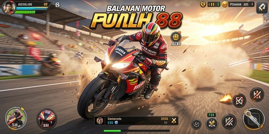 Tampilan gameplay seru dalam balapan motor POL88, penuh kecepatan dan aksi.