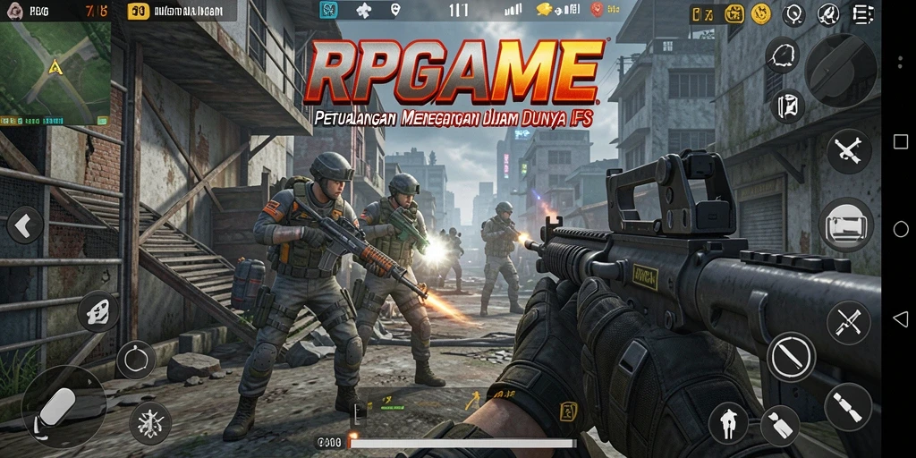 Screenshot RPGAME menampilkan aksi intens di battlefield FPS.