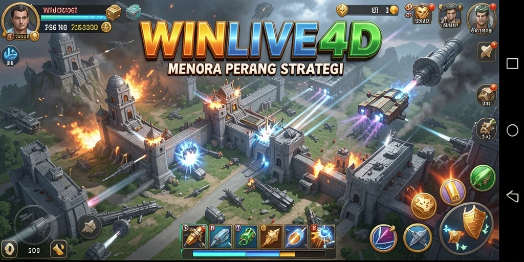 Tangkapan layar gameplay <strong>WINLIVE4D</strong> menampilkan aksi menegangkan dalam mempertahankan menara.